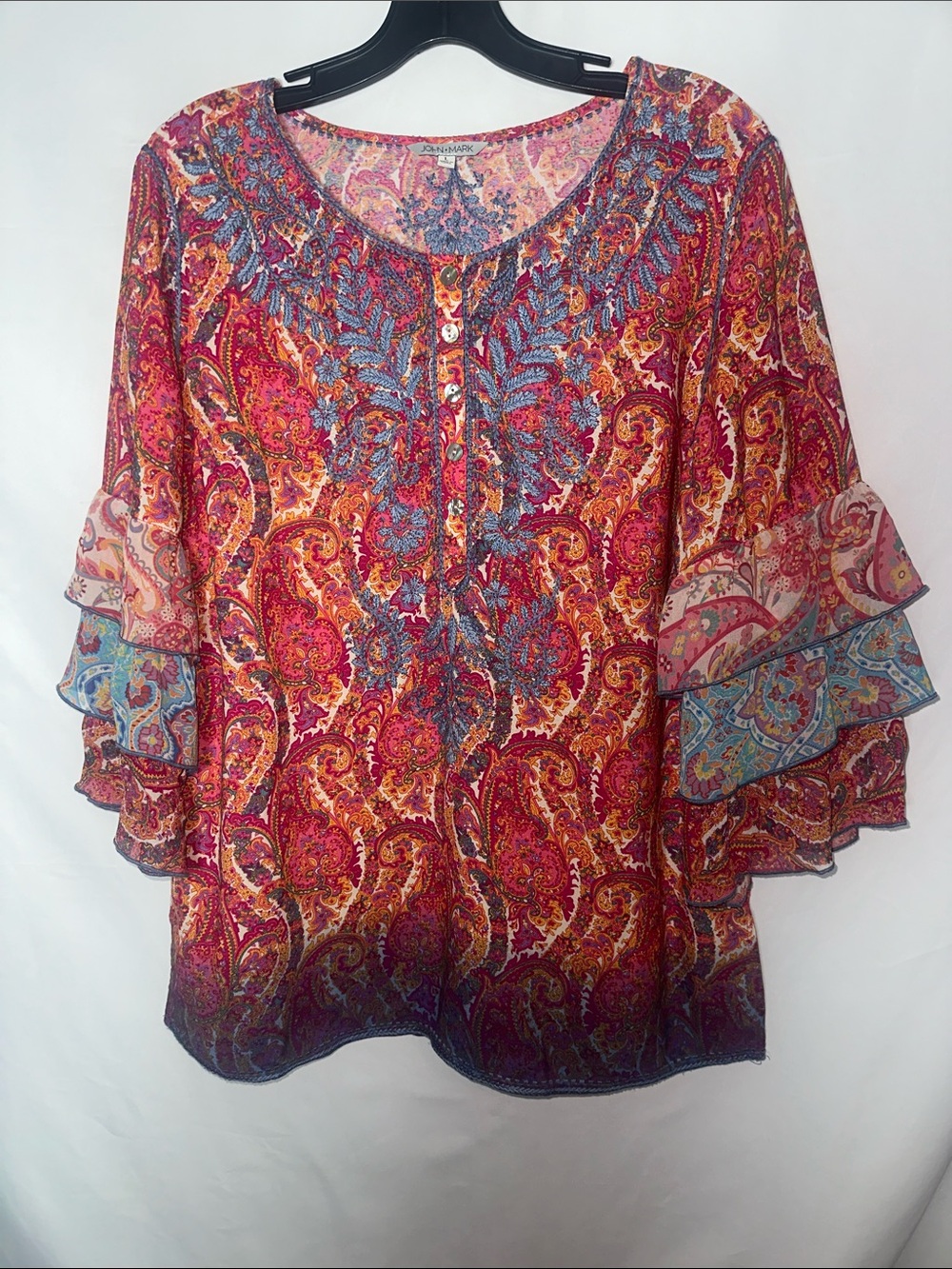 John Mark Multi-Color Paisley Ruffle-Sleeve Blouse